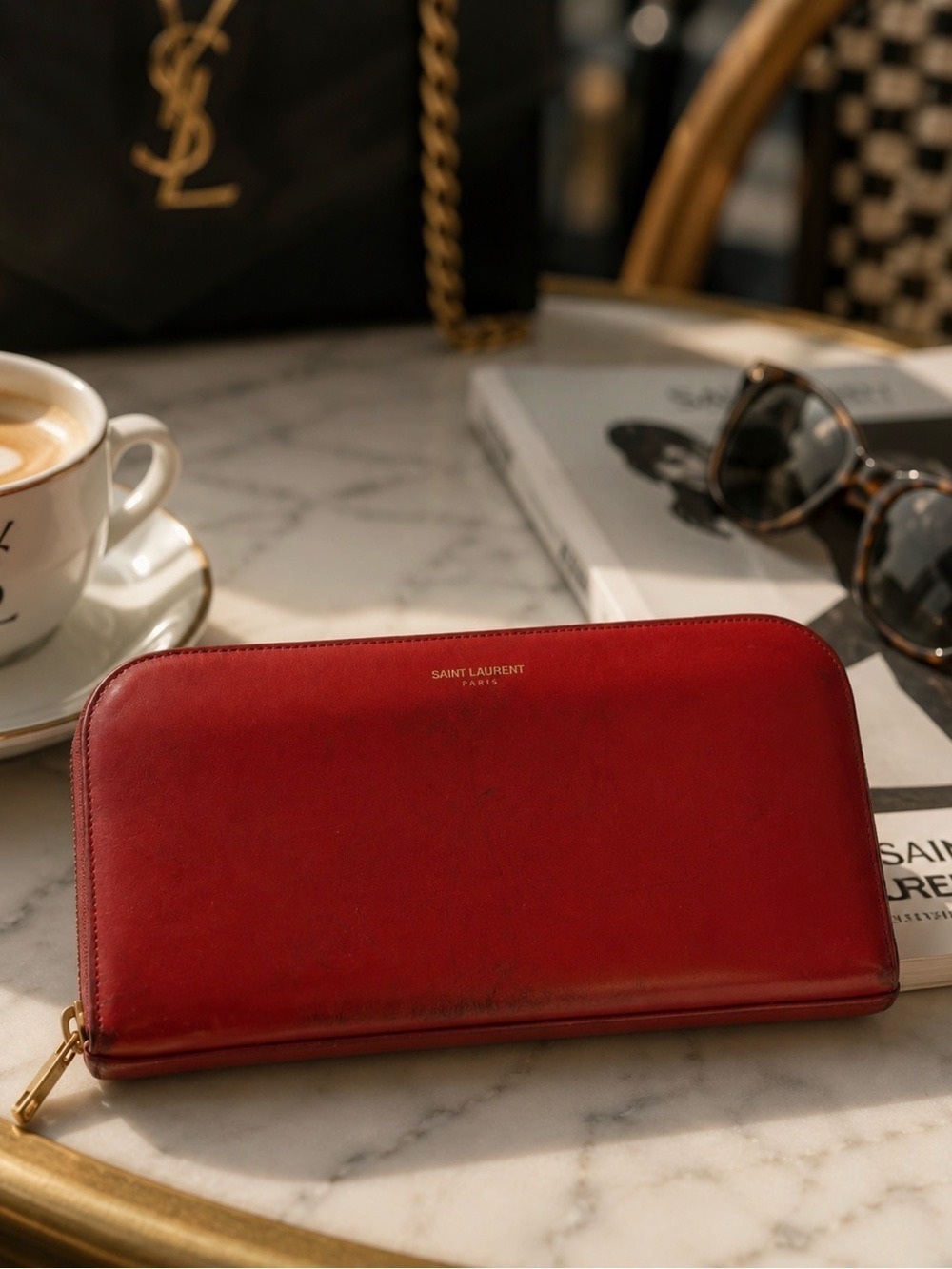 SAINT LAURENT PARIS RED LEATHER ZIP AROUND LONG WALLET YSL ITALIAN DESIGNER